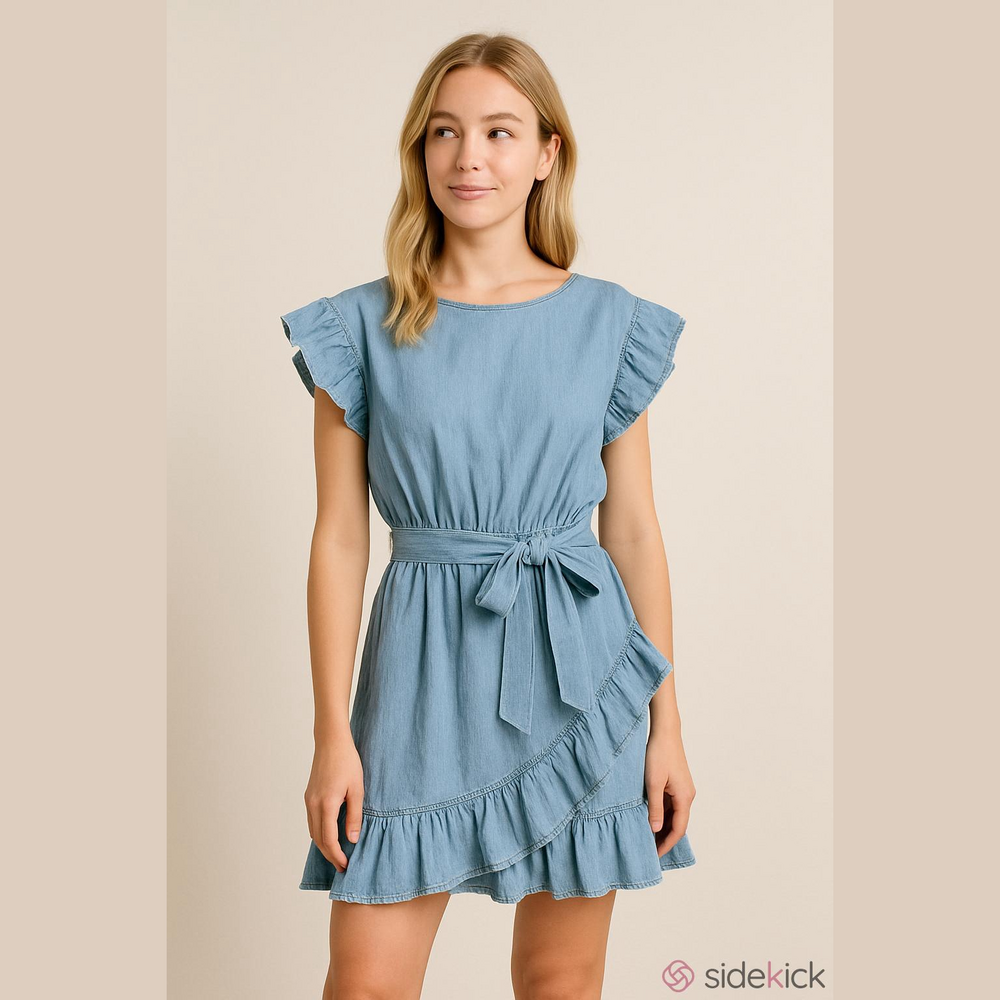 The Impeccable Pig Chambray Ruffle Mini Dress Tie Waist M Flutter Sleeve Blue